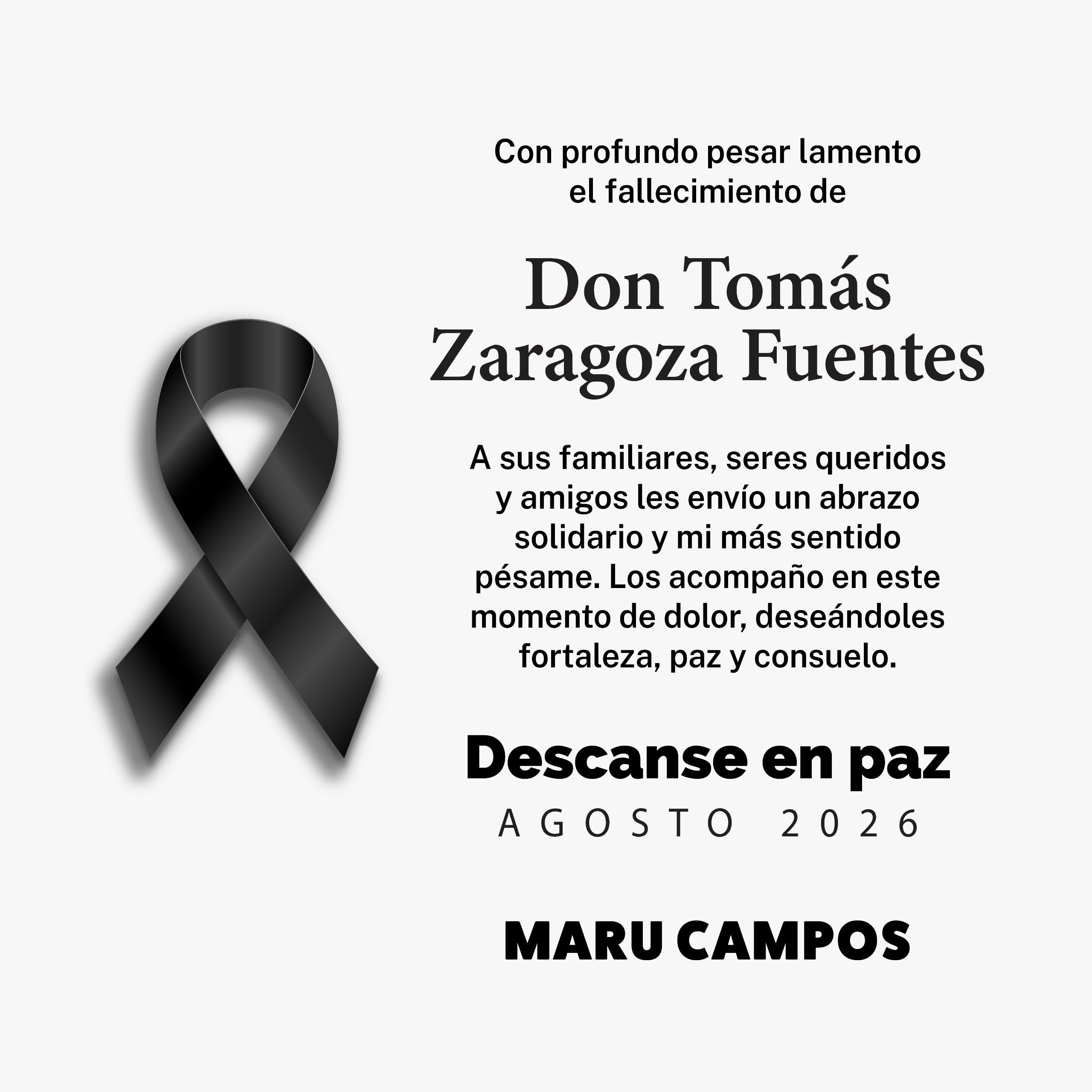 Maru Campos dedica mensaje por la muerte de Tomás Zaragoza Fuentes, de Grupo Tomza