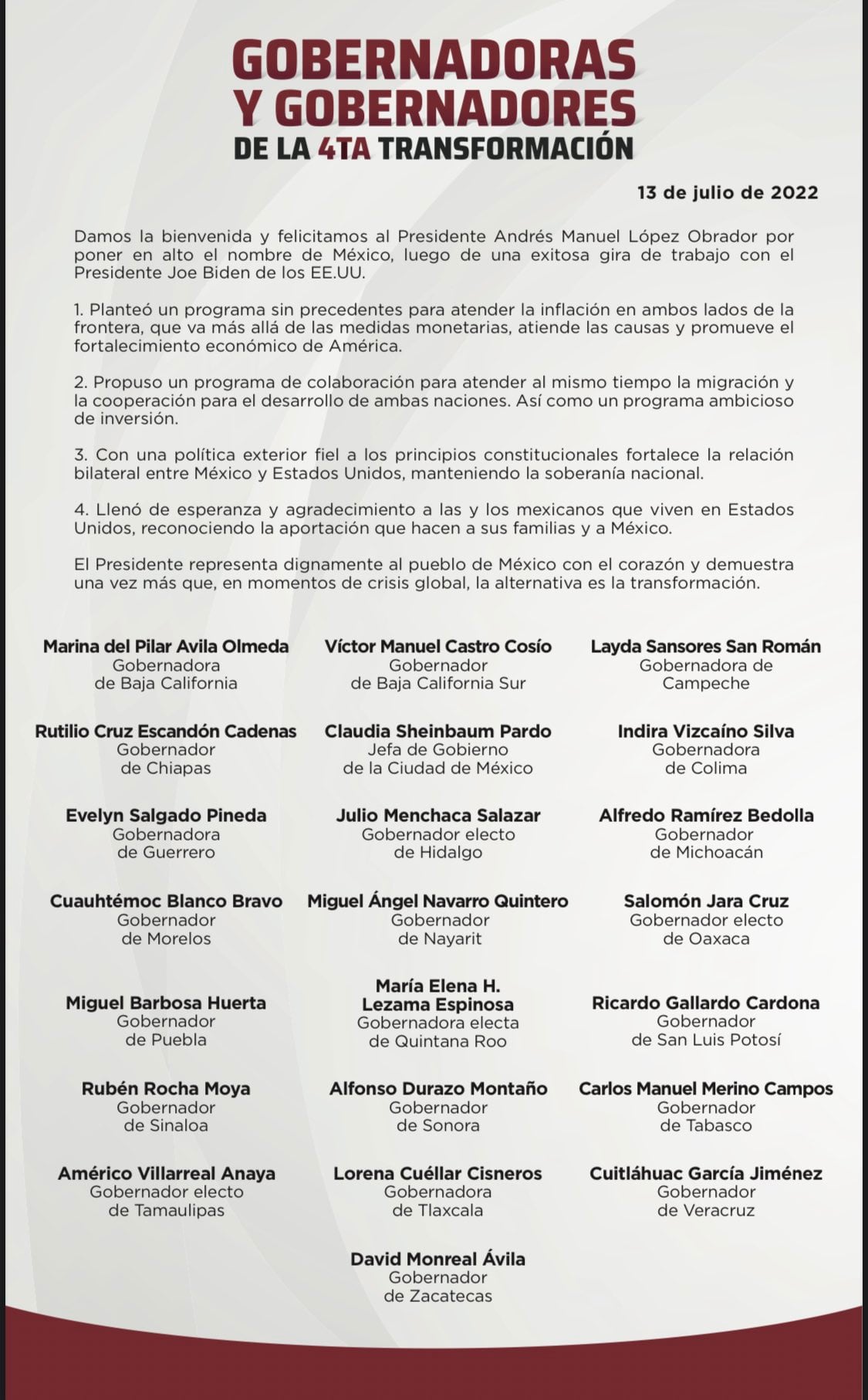 Gobernadores de Morena celebran gira de AMLO en Washington