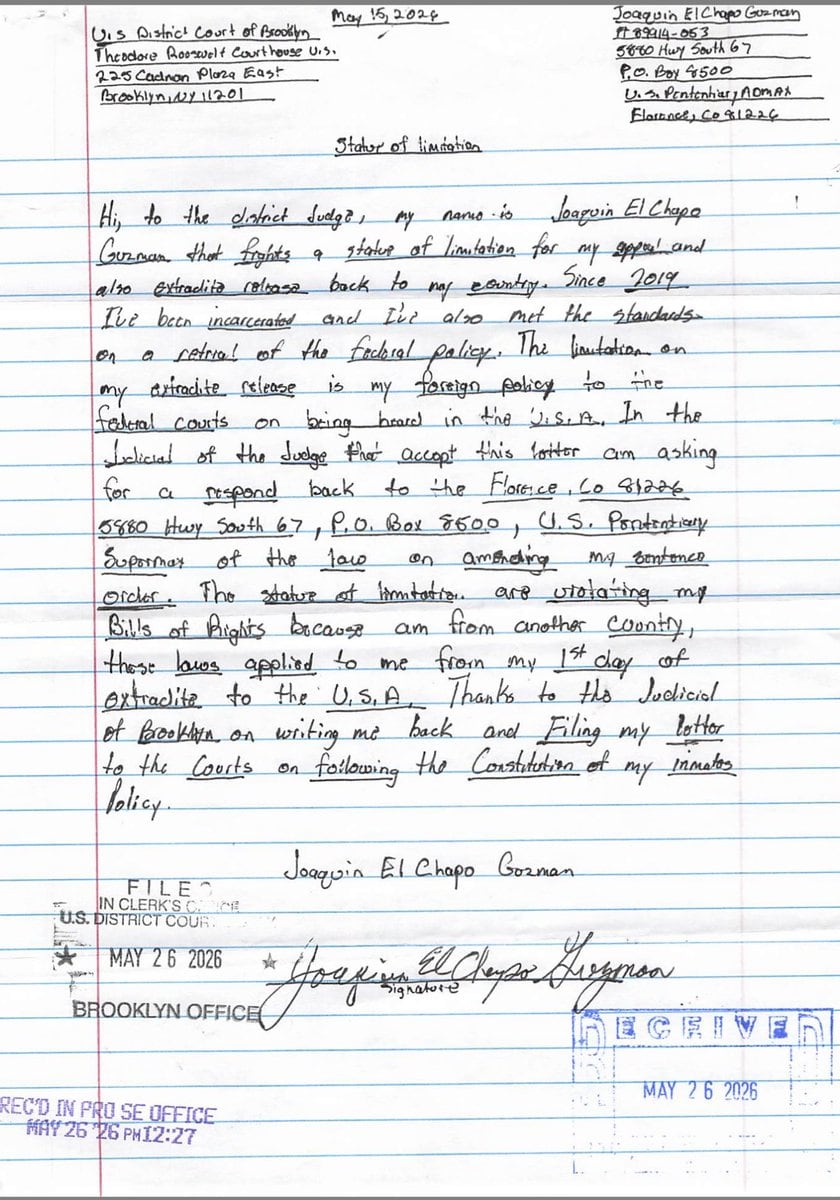 Chapo Guzmán insiste en nueva carta en ser extraditado a México