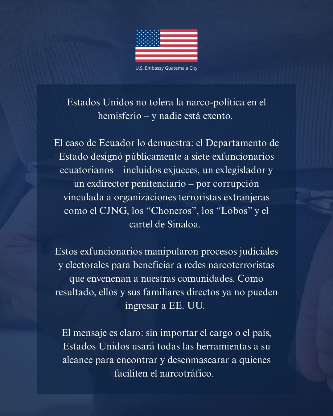 Comunicado de Estados Unidos sobre funcionarios de Ecuador vinculados con el CJNG.