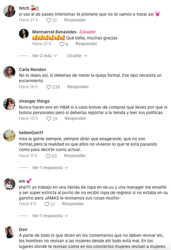 Comentarios en el TikToK sobre la denuncia a H&M por acoso