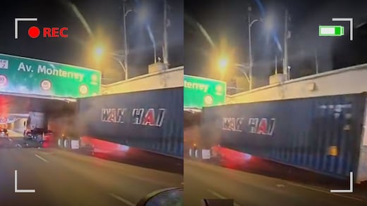 Tráiler choca con puente en Viaducto Miguel Alemán y pierde la caja