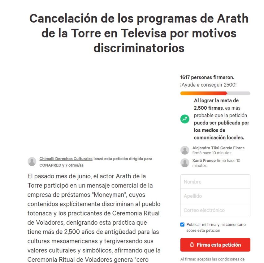 Petición change.org  contra Arath de la Torre
