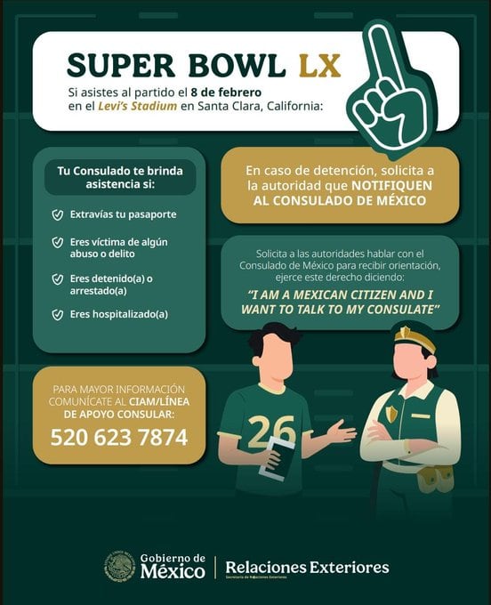 Recomendaciones de la SRE ante redadas del ICE en el Super Bowl 2026.