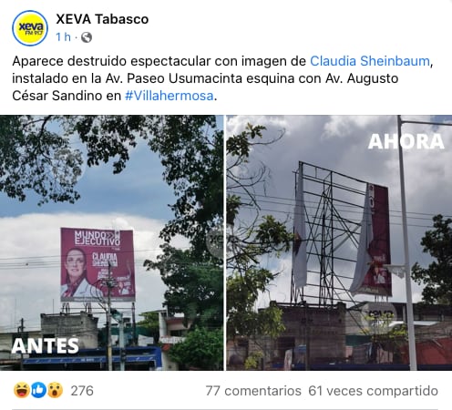 comentarios sobre la destrucción del espectacular destruido de Claudia Sheinbaum en Tabasco