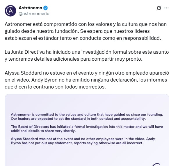 Astronomer suspendió a su CEO Andy Byron tras abrir investigación por infidelidad exhibida en concierto de Coldplay