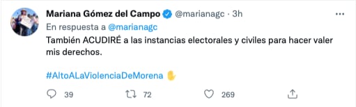 Mariana Gómez del Campo denunciará a Morena y a AMLO por apología del delito/@marianagc