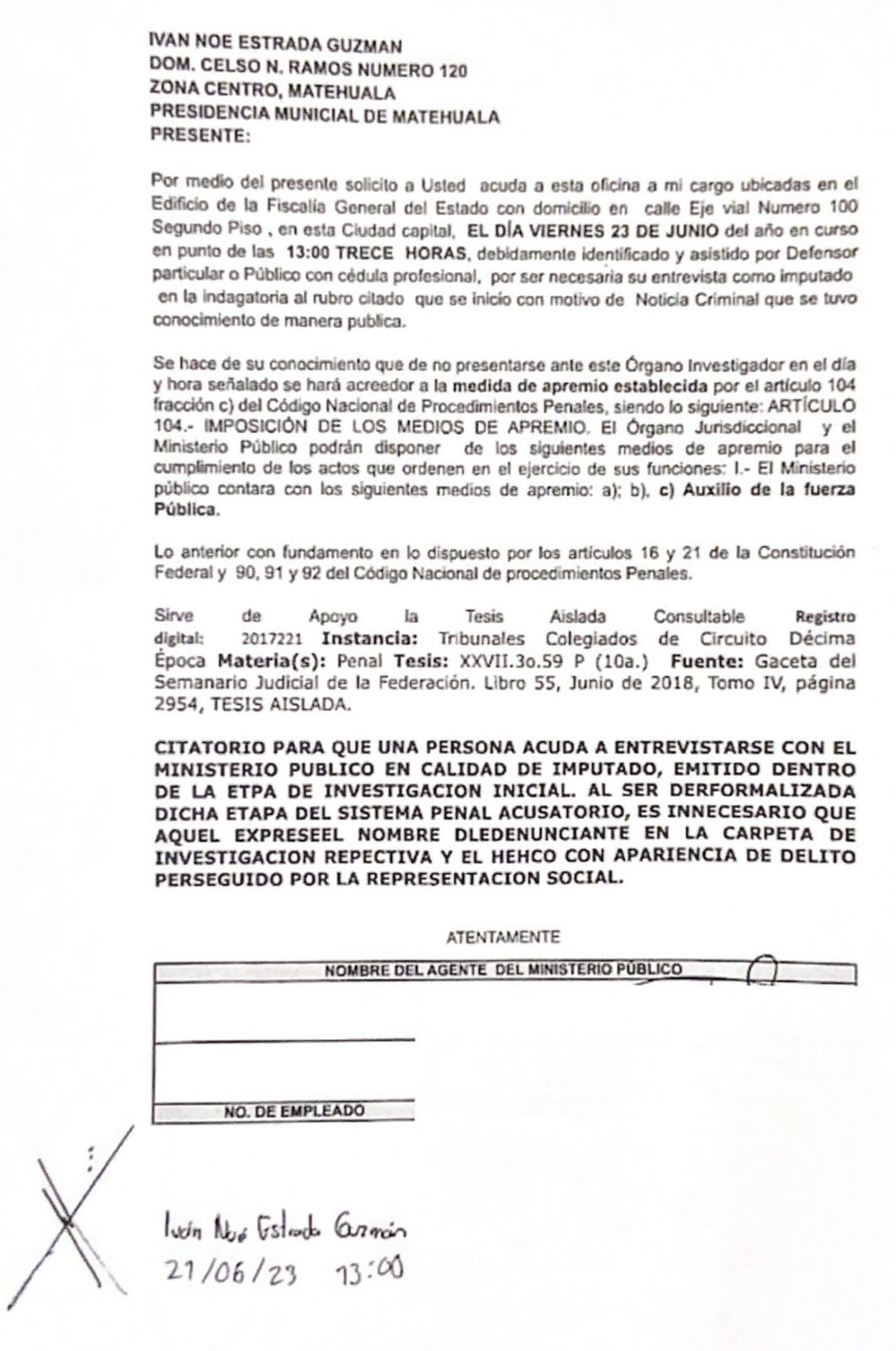 Carta de citación para Iván Noé Estrada Guzmán