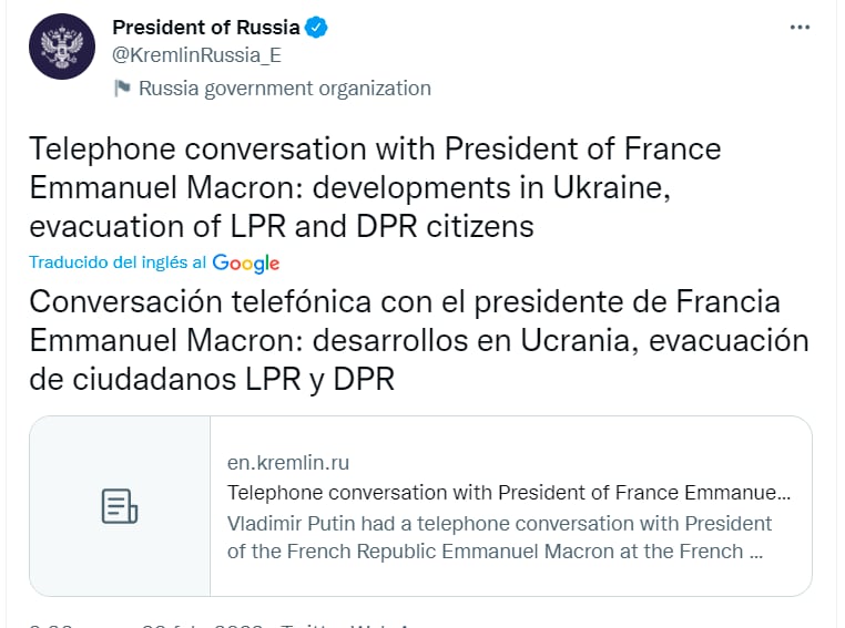 Kremlin confirma comunicación con Francia para frenar conflicto en Ucrania