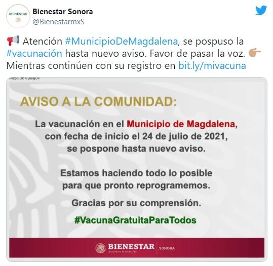 Suspensión de vacunación en Magdalena de Kino