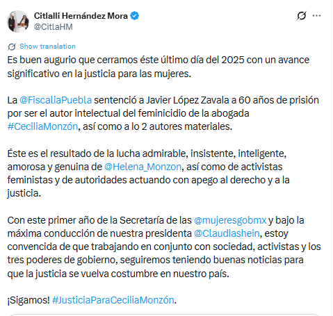 Sentencia por feminicidio contra López Zavala es celebrada por Citlalli Hernández