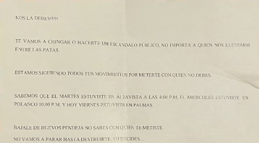 Carta de amenaza a Alessandra Rojo de la Vega
