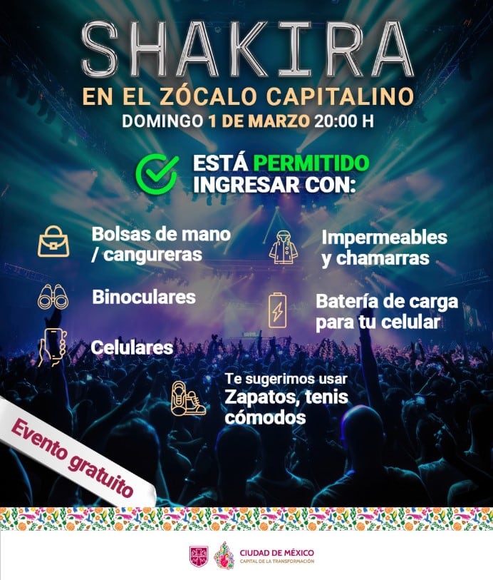 Objetos no permitidos en el concierto de Shakira en el Zócalo