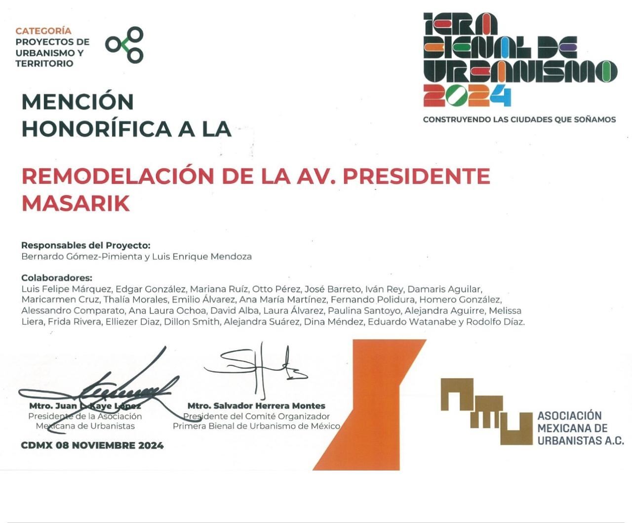 Reconoce Bienal de Urbanismo remodelación de Masaryk