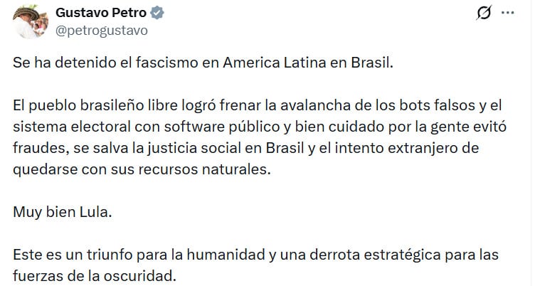 Gustavo Petro felicita a Lula por su cuarto mandato en Brasil
