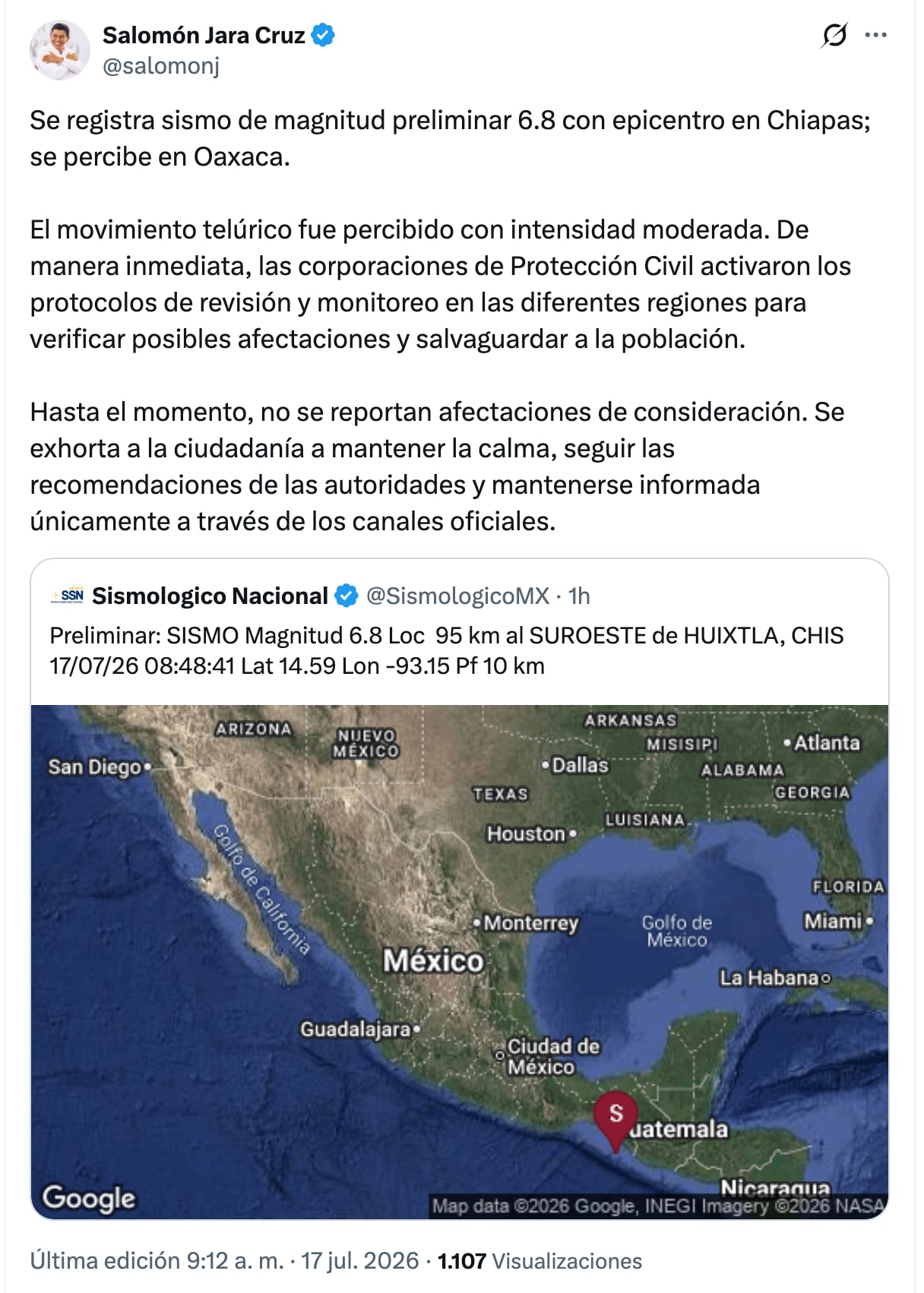 Salomón Jara, gobernador de Oaxaca, descarta afectaciones tras sismo registrado en Chiapas