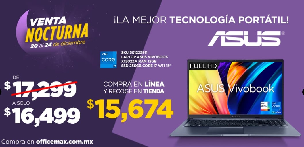 Productos en oferta durante la Venta Nocturna de Office Max del 20 al 24 de diciembre de 2023.