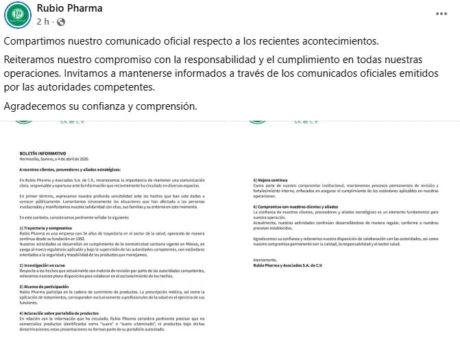 Rubio Pharma niega venta de sueros vitaminados tras muertes reportadas
