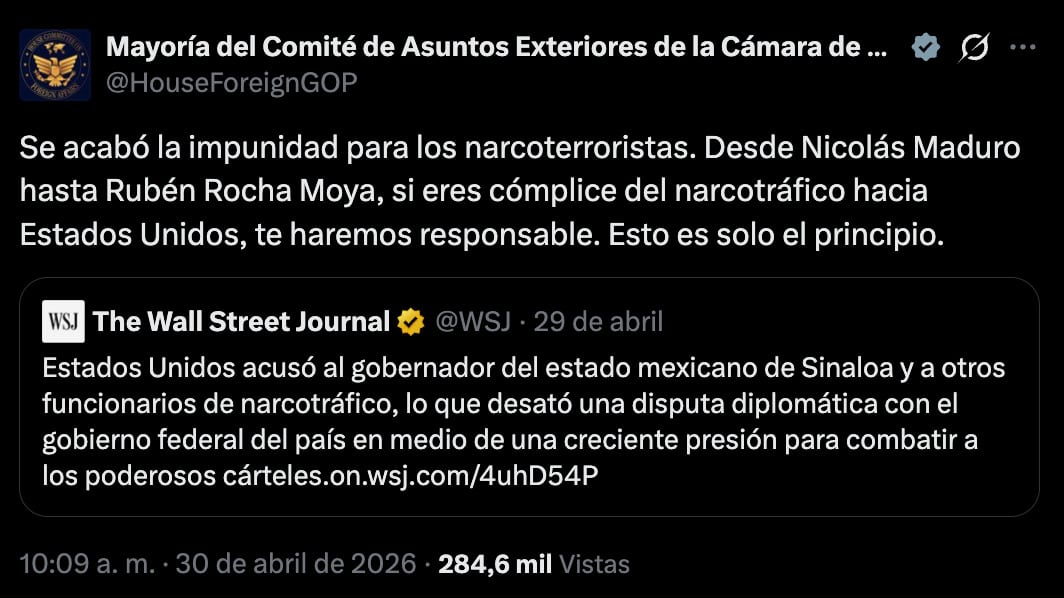 Comité de la Cámara de Estados Unidos amenaza a Rubén Rocha