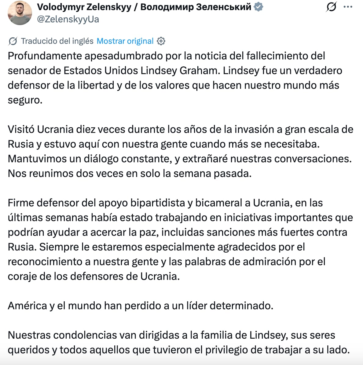 Volodymyr Zelenskyy reacciona a la muerte de Lindsey Graham