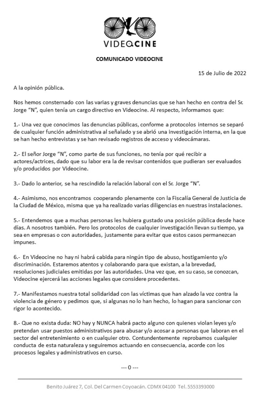 Comunicado Videocine sobre caso Jorge Levy