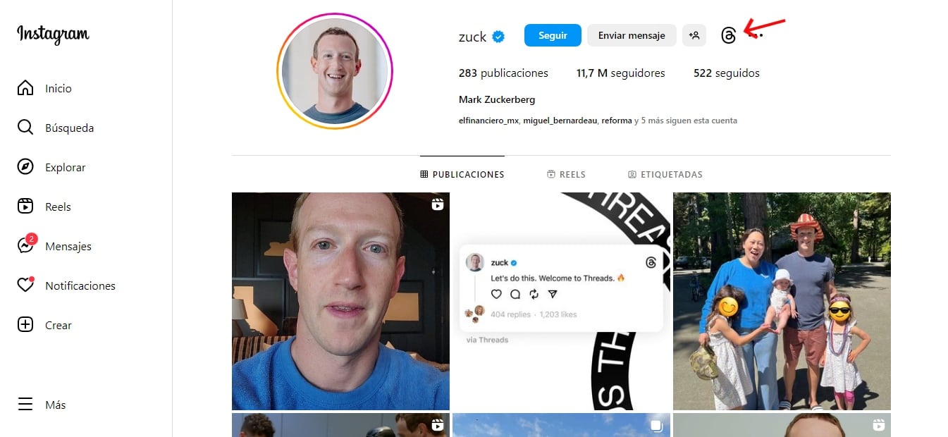 Threads en PC: Perfil de Mark Zuckerberg