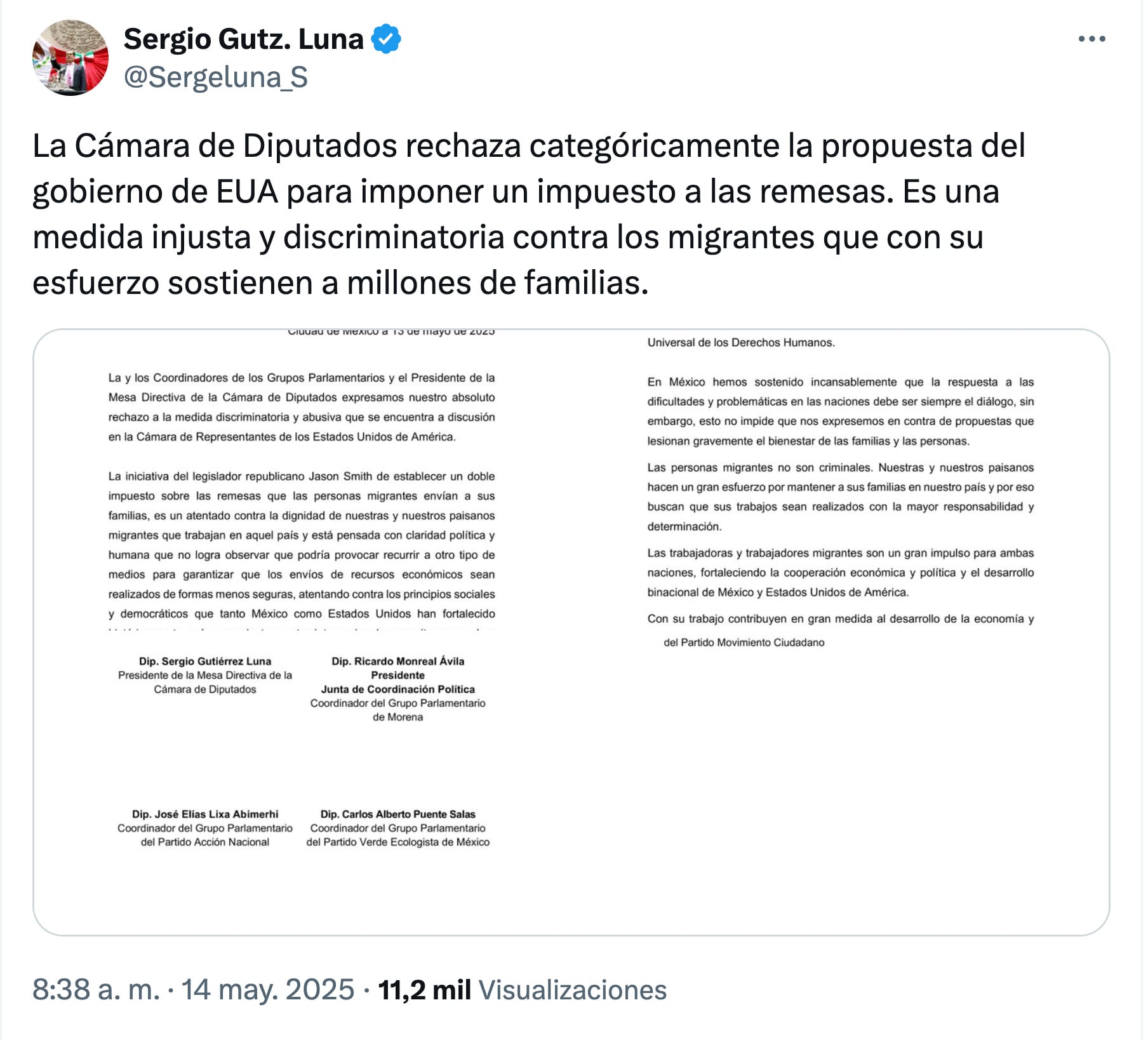 Rechazo a impuesto a las remesas de Estados Unidos