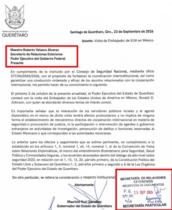 Gobierno de Kuri sí informó a la SRE sobre visita de Ronald Johnson, según oficio
