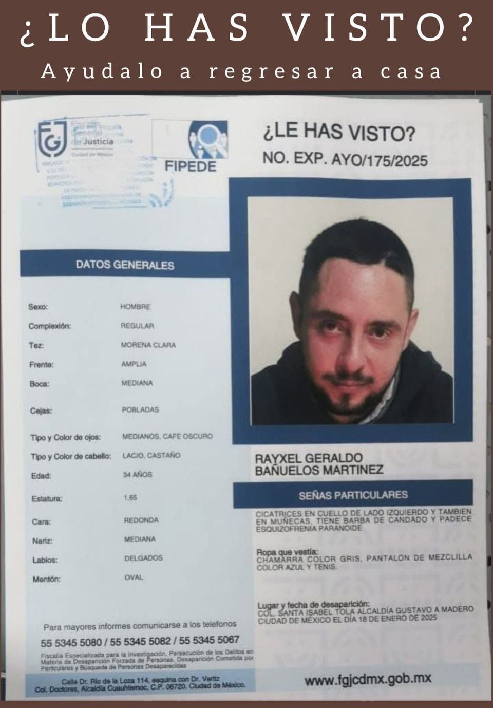 Ficha de desaparición de Rayxel Geraldo Bañuelos Martínez