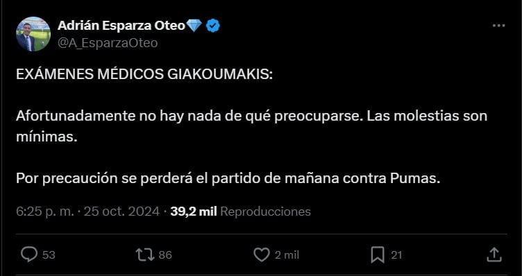 Giakoumakis no jugará ante Pumas