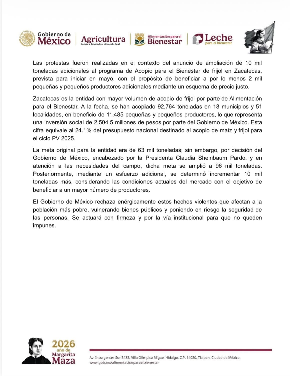 Comunicado de gobierno de México sobre incendio en Alimentos para el Bienestar en Zacatecas.