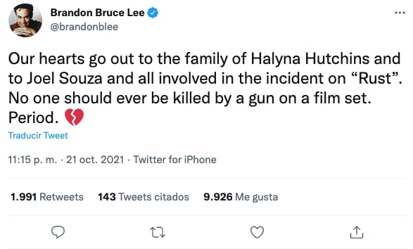 Mensaje de la familia de Brandon Lee tras lo ocurrido con Alec Baldwin