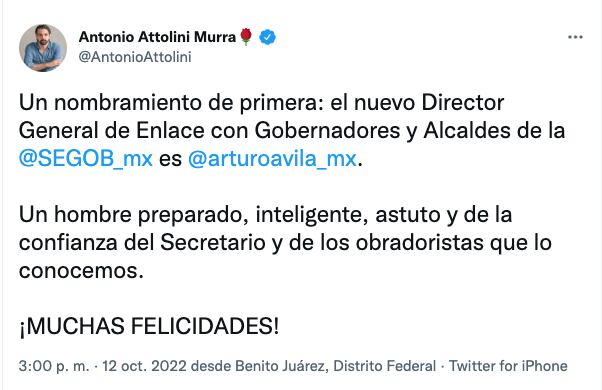 Antonio Attolini celebra nombramiento de Arturo Ávila