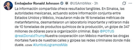 DEA destaca histórico decomiso de 16 toneladas de metanfetamina en Sinaloa