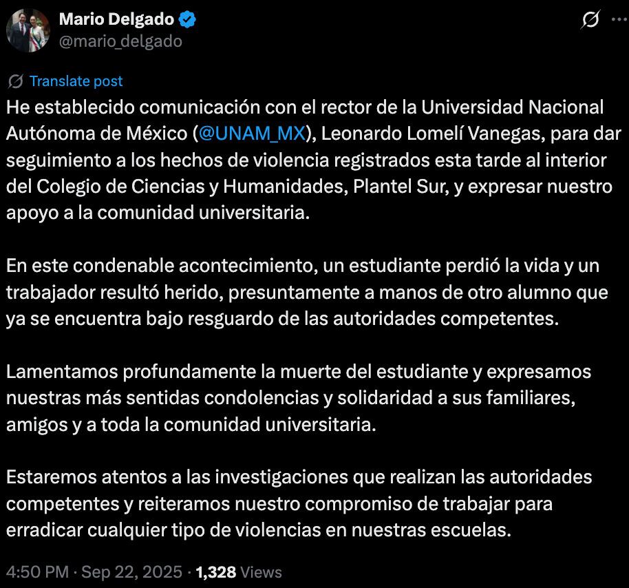 Mario Delgado sobre agresión en CCH Sur.