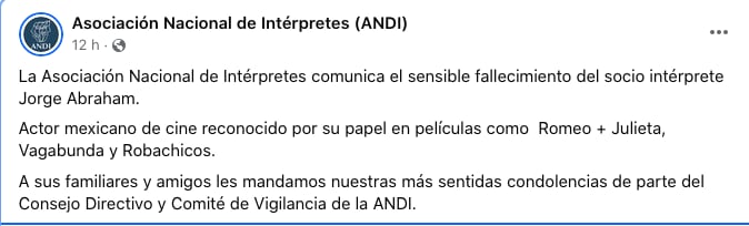ANDI reporta la muerte del actor Jorge Abraham.
