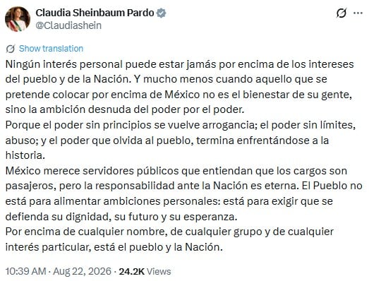 Sheinbaum lanza mensaje a Rocha Moya: “Ningún interés personal por encima de la nación”