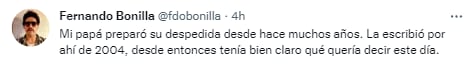 Tuit de Fernando Bonilla sobre la muerte de su padre: Héctor Bonilla