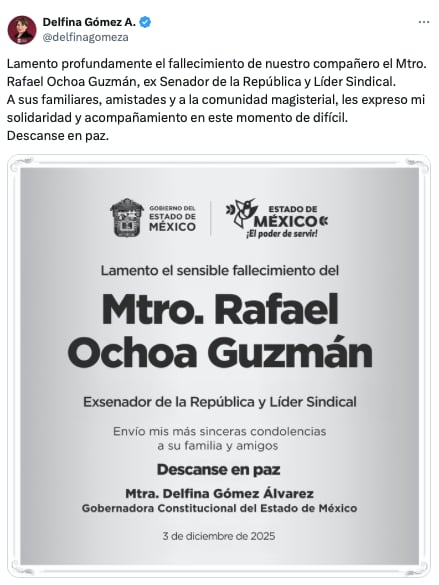 Delfina Gómez Álvarez expresa sus condolencias por la muerte de Rafael Ochoa Guzmán