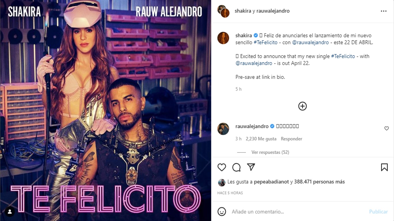 "Te Felicito" de Shakira ft Raw Alejandro