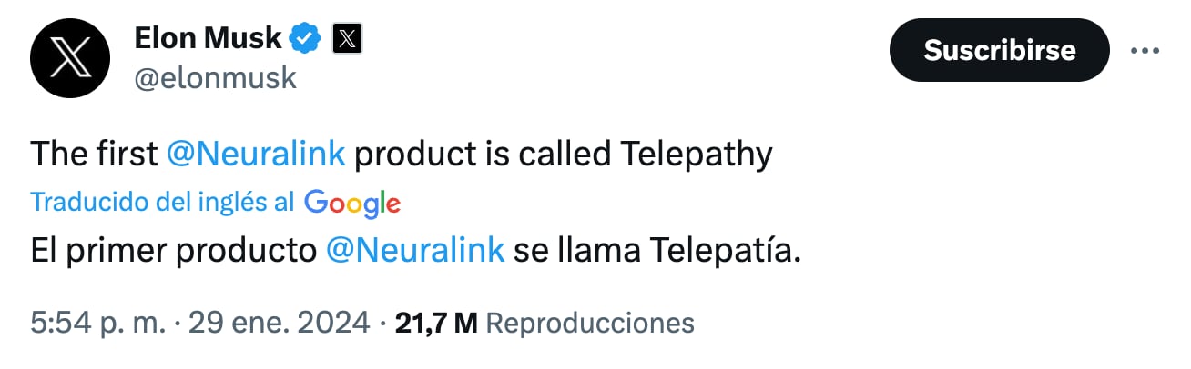 El primer chip cerebral desarrollado por Neuralink, de Elon Musk, se llama Telepathy (Telepatía)