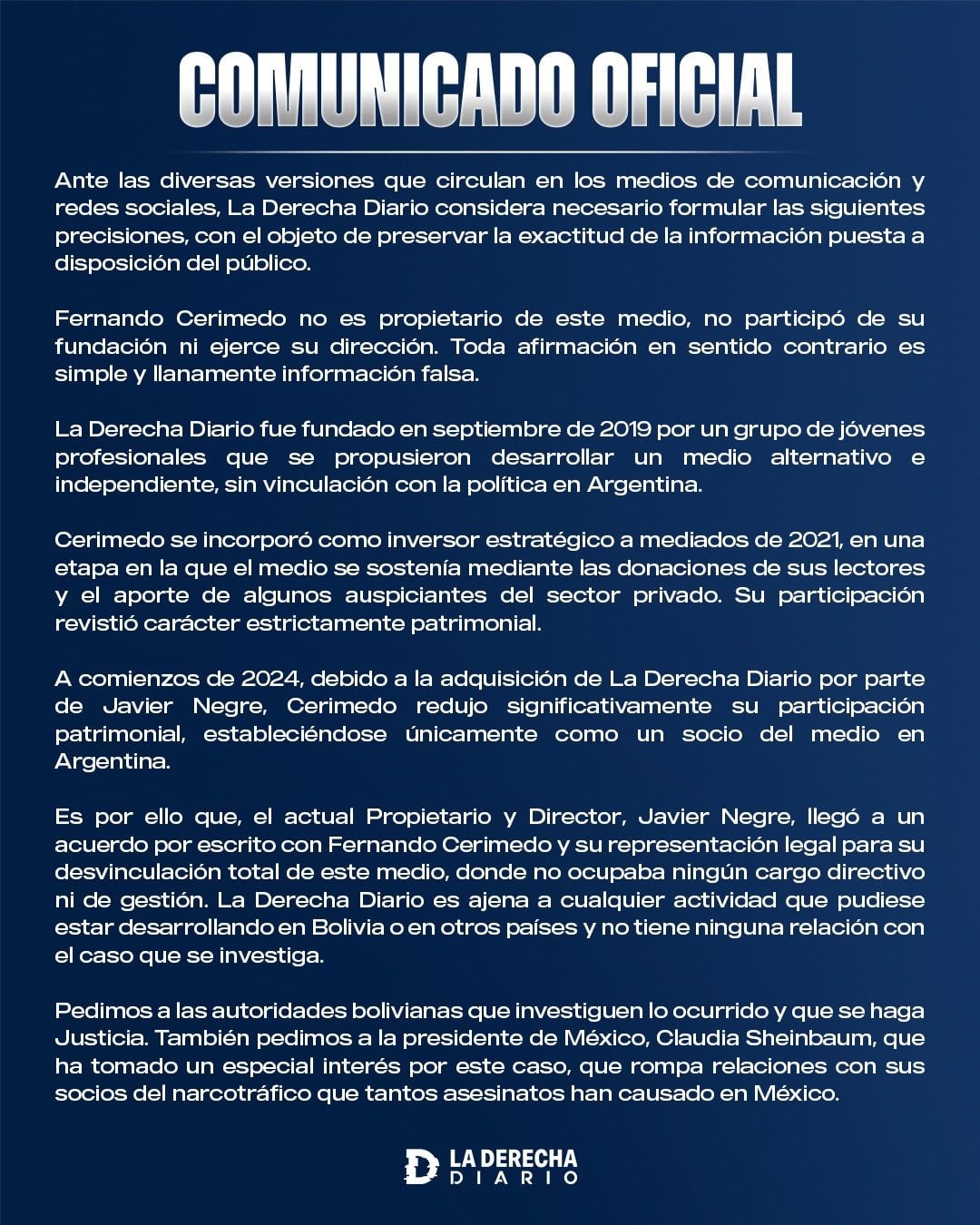 La Derecha Diario niega que Fernando Cerimedo sea fundador o propietario