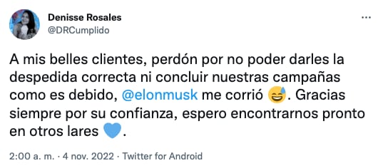 Tuit de ex trabajadora de Twitter México