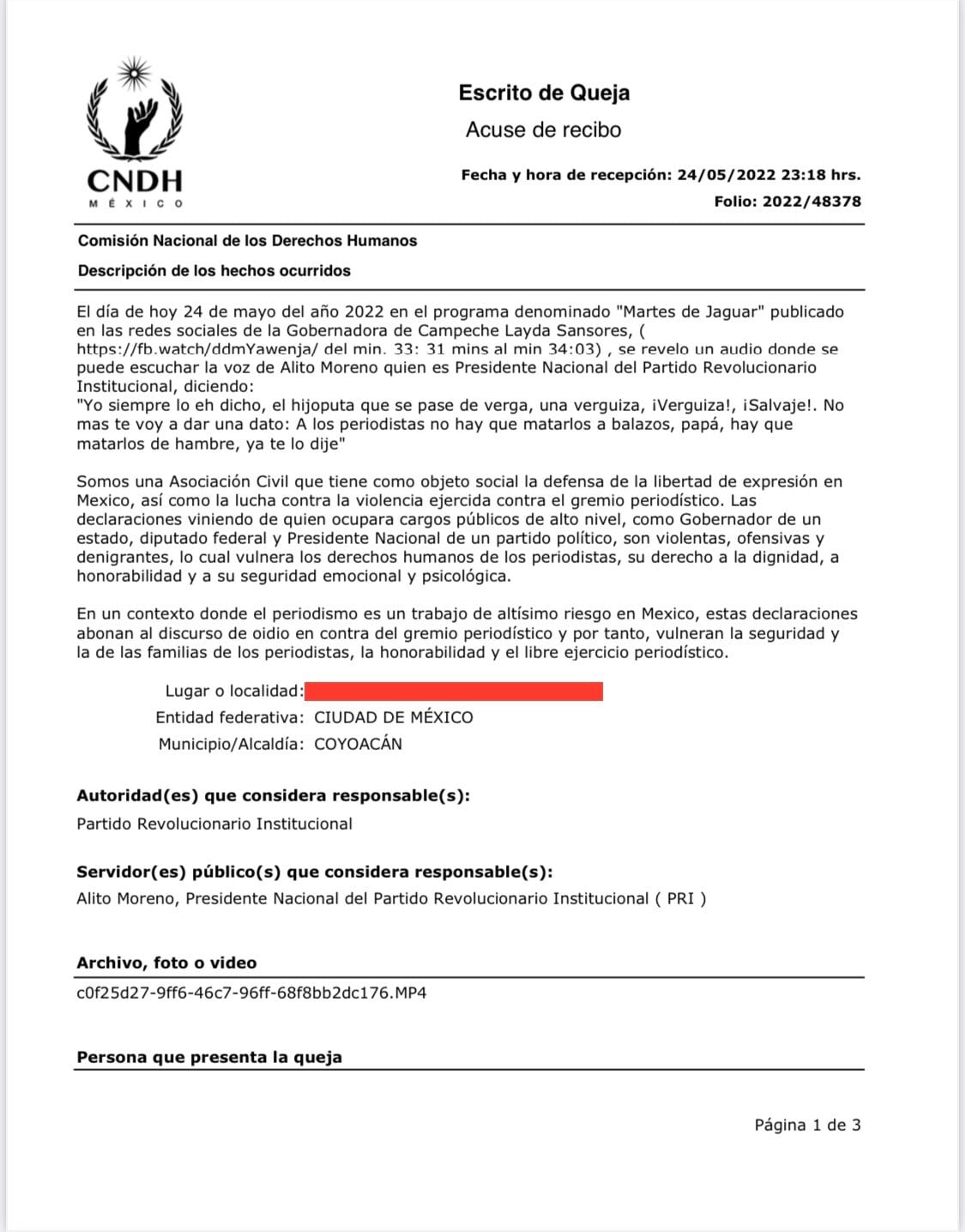 Periodistas Desplazados pone una queja en la CNDH en contra de Alito Moreno/Periodistas Desplazados
