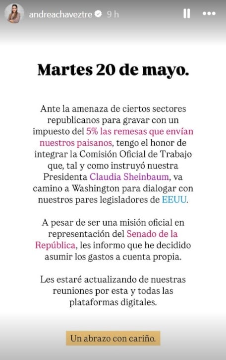 Andrea Chávez viajó a Estados Unidos para defender remesas de mexicanos