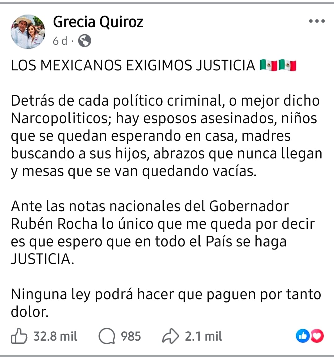 Grecia Quiroz cuestiona protección a Rubén Rocha Moya