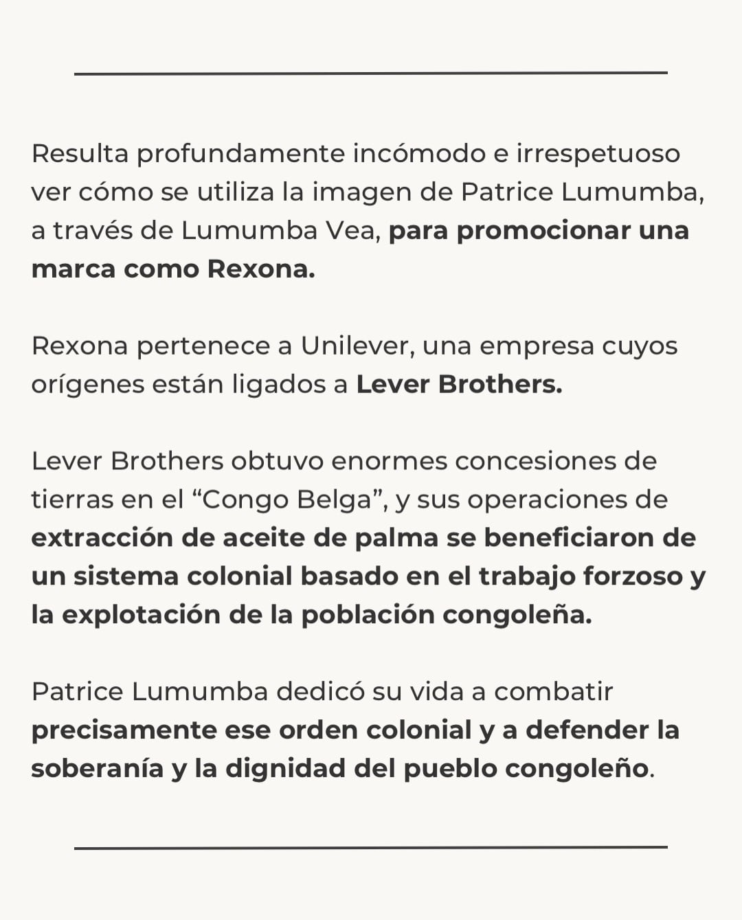 Critican la campaña de Lumumba Vea con Rexona por el pasado de Unilever con el Congo.