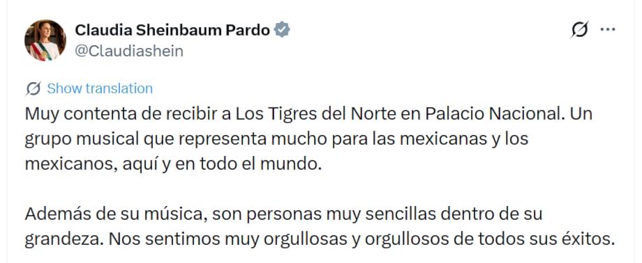 Claudia Sheinbaum recibe a Los Tigres del Norte