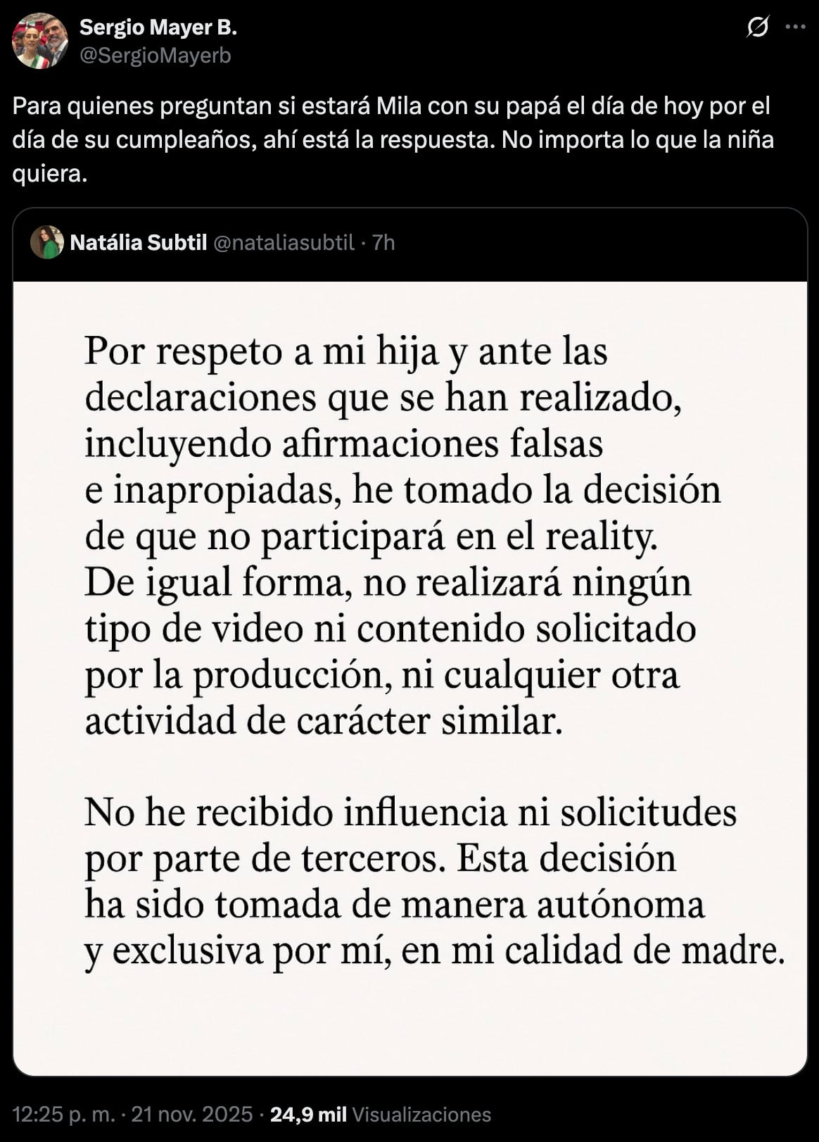 Natalia Subtil aclara que su hija no participará en La Granja VIP