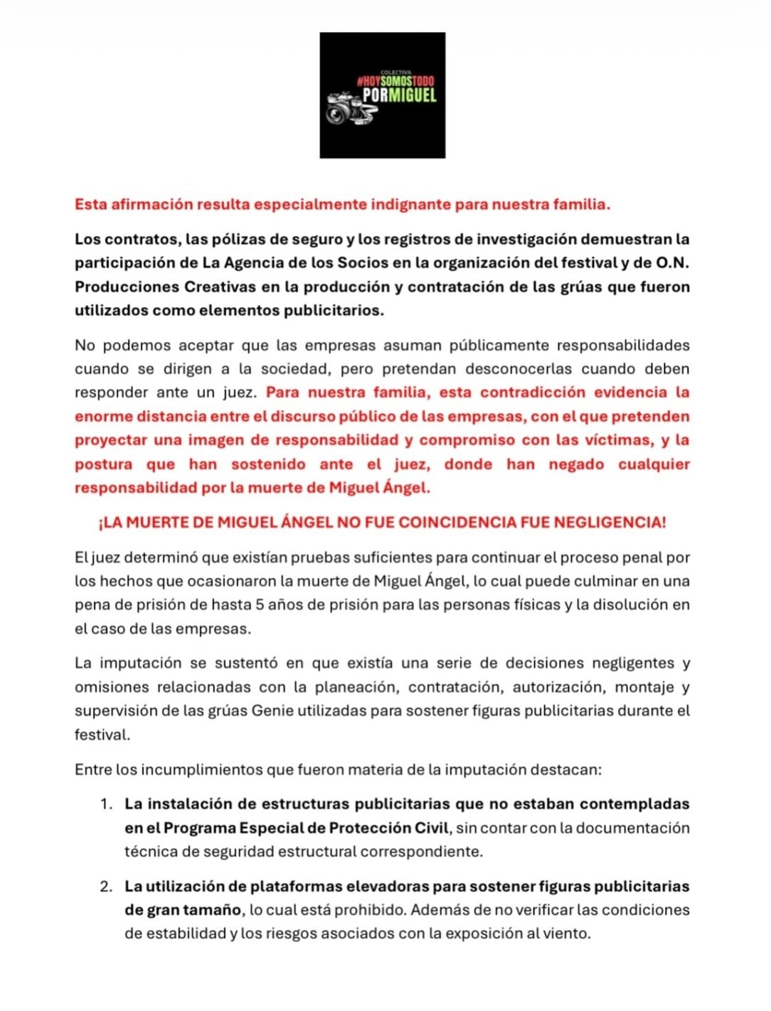 Familia de Miguel Ángel Rojas, comunicado